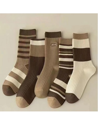 1 pair Women's Mid-Calf Socks, Spring & Fall, Melange Cotton Striped Casual Socks, Breathable, Anti-Odor, Trendy Knee-High Socks